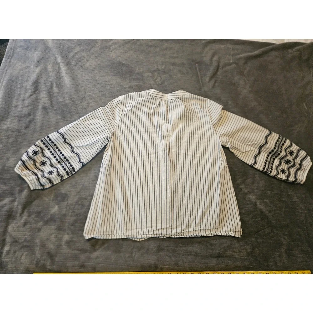 Madewell Womens Medium Blue White Striped Embroidered Puff Sleeve Button Top